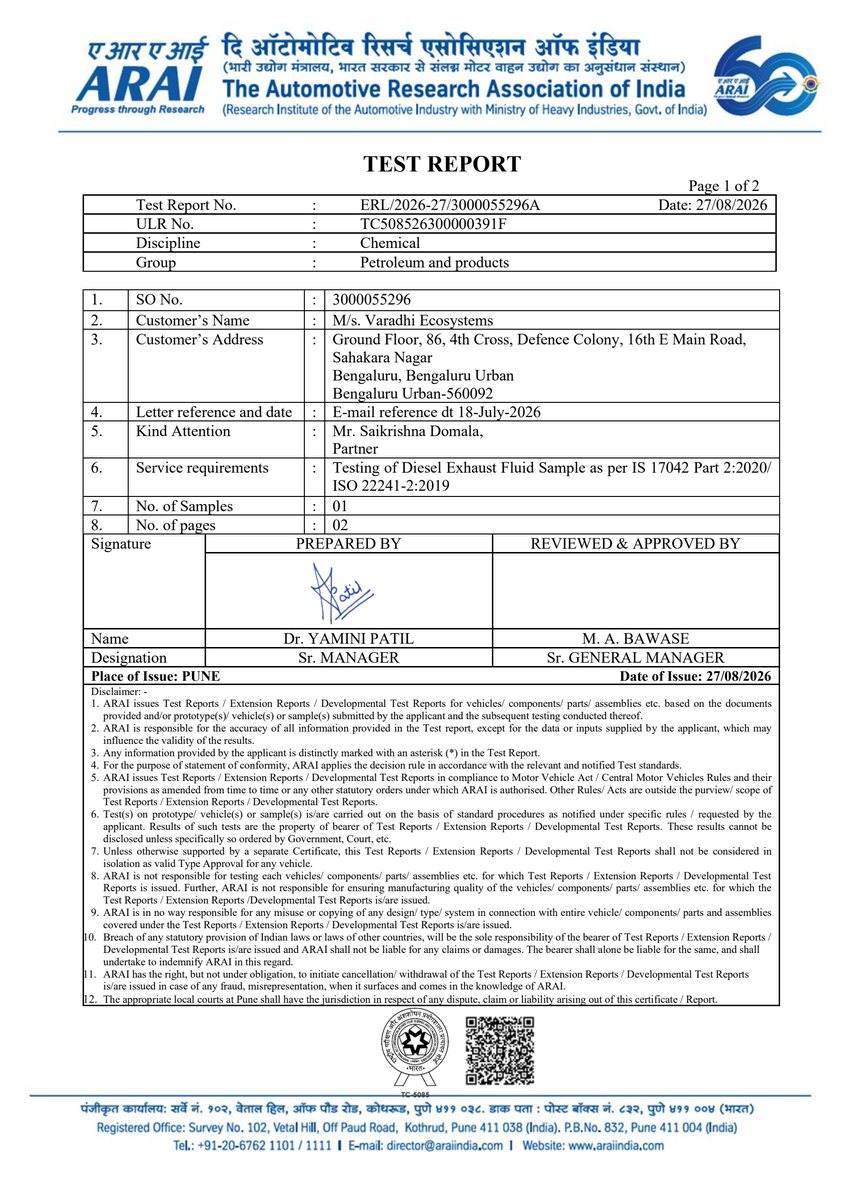First page of the ARAI Test Report issued to VBlue