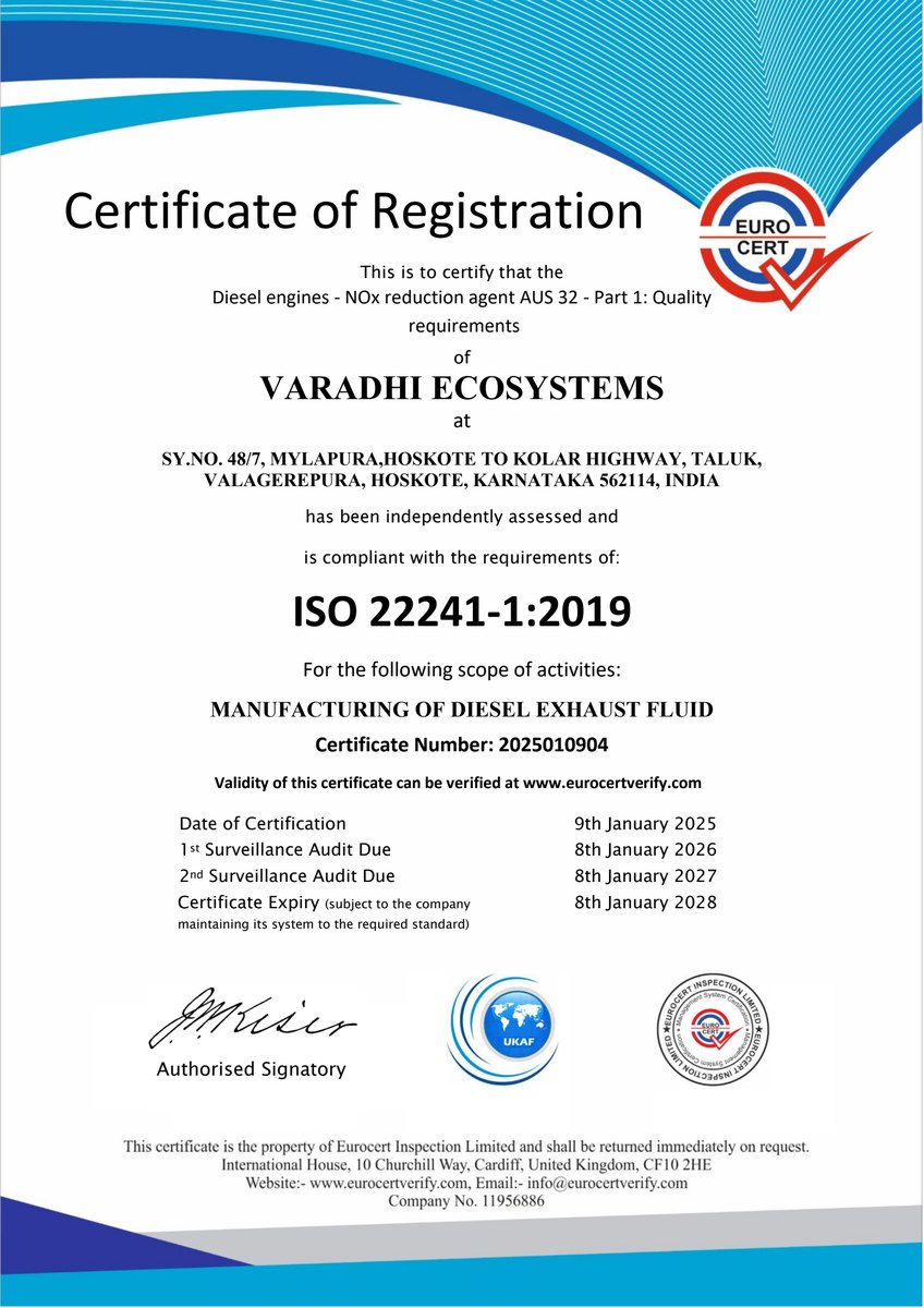 First page of the ISO 22241-1:2019 Registration issued to VBlue